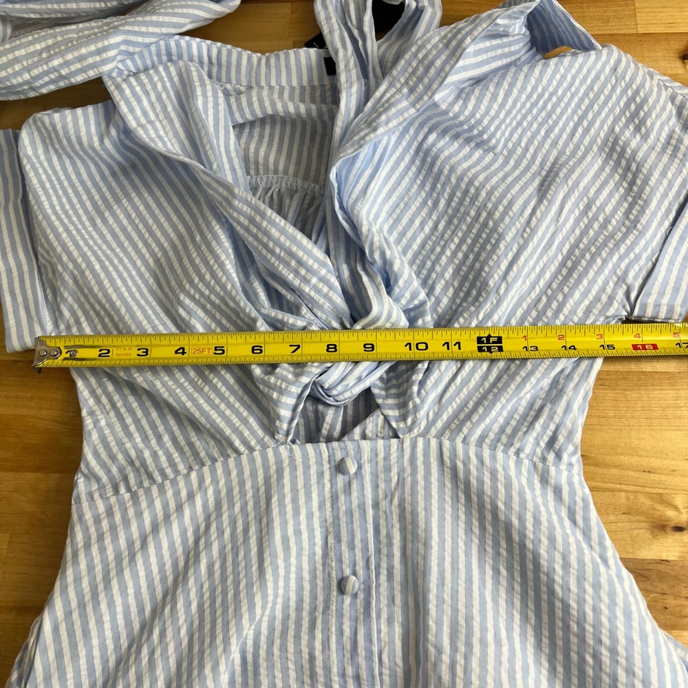 Lulus Blue White Striped Seersucker Tie Collared Midi Dress Size Small NWT - Picture 9 of 11